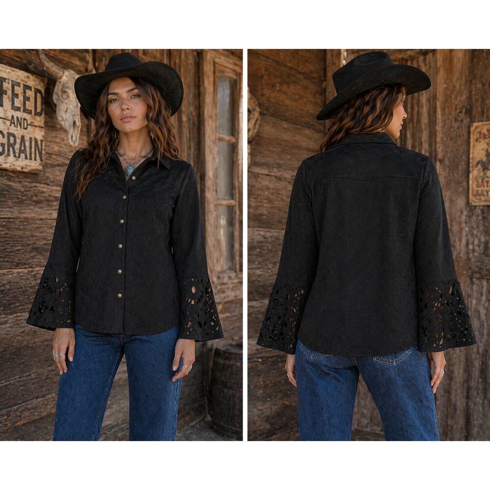 Erin London Black Faux Suede Western Top Bell Sleeve Size Small